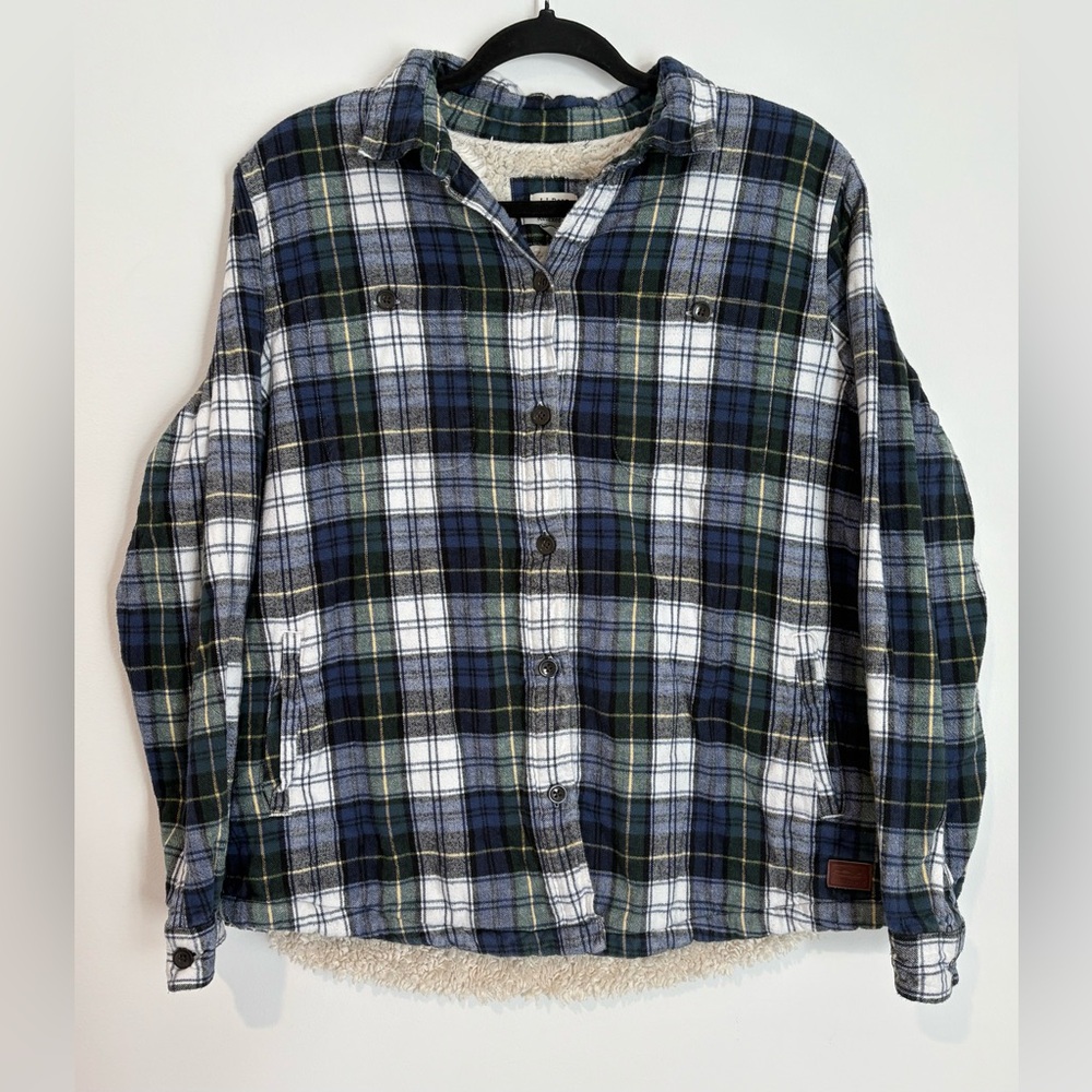L.L. Bean Women’s Scotch Plaid Flannel Sherpa Lined Shirt Jacket Blue - Medium